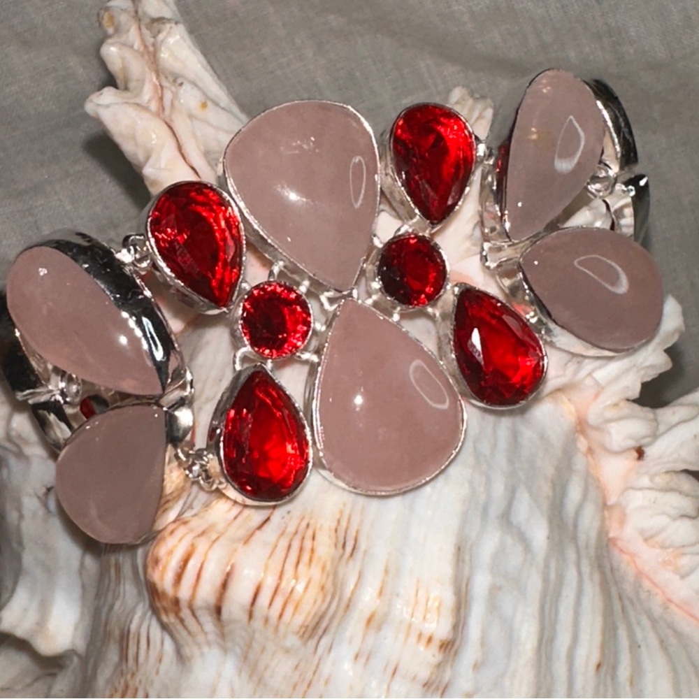 Charming Rose Quartz + Red Topaz statement bracelet